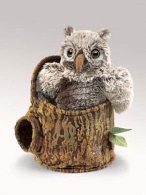 Owlet in tree stump puppet.